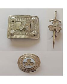 Shamrock Badge Silver Belt Buckle Brooch Set