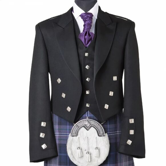 Black 5 Buttons Prince Charlie Kilt Jacket With Waistcoat