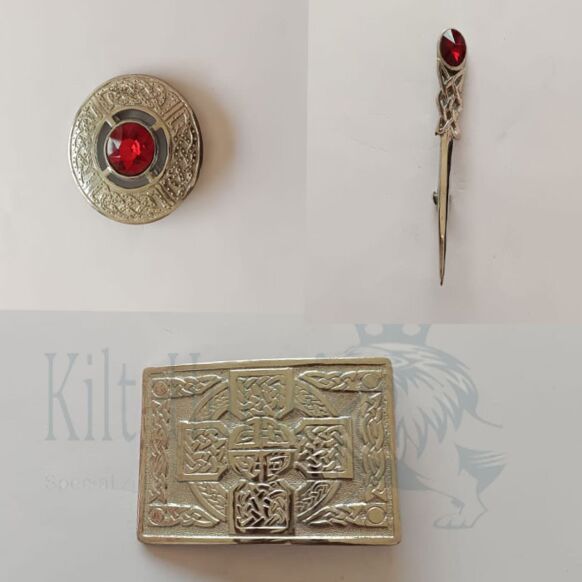 Red Stone Silver Belt Buckle Brooch Set