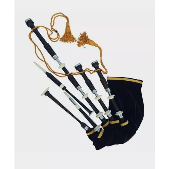 Scottish Highland Traditional Black Finish With White Mounts Bagpipe Set 