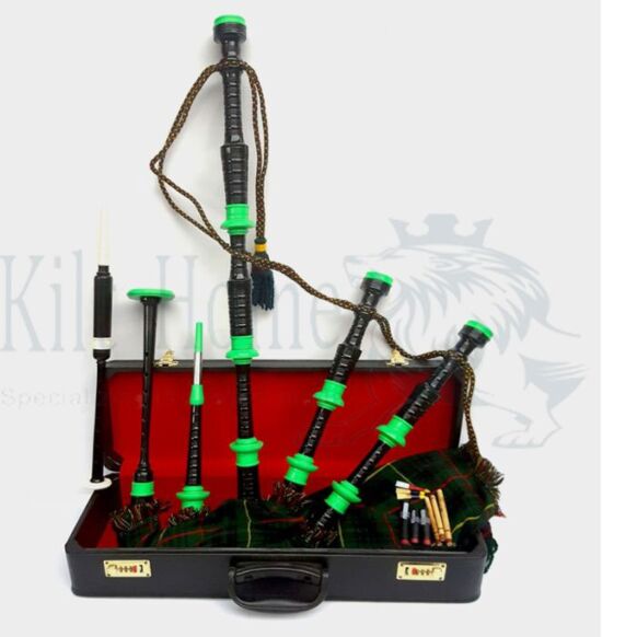 Hunting Stewart Tartan Green Mounts Bagpipe Set