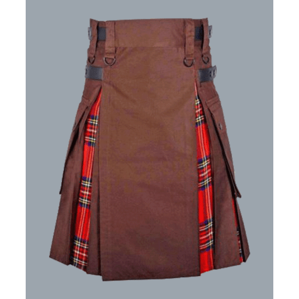 Khaki Hybrid Kilt With Royal Stewart Tartan