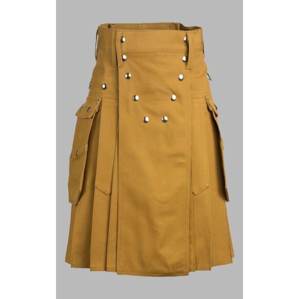 khaki modern utility kilt with silver buttons