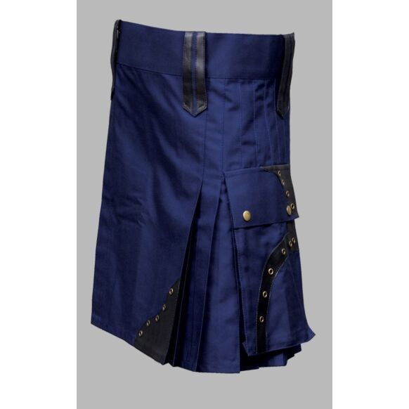 Blue utility kilt with black leather patches