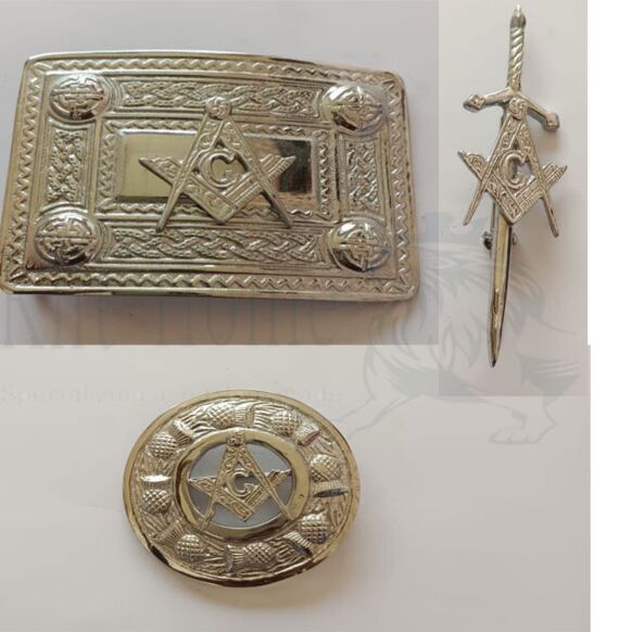 Masonic Badge Silver Belt Buckle Brooch Set