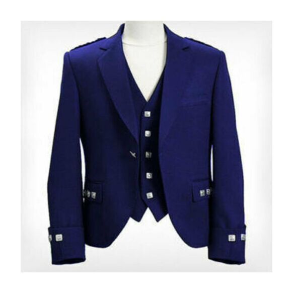 Men Scotland Handmade Prince Charlie Blue Argyle Jacket Waistcoat
