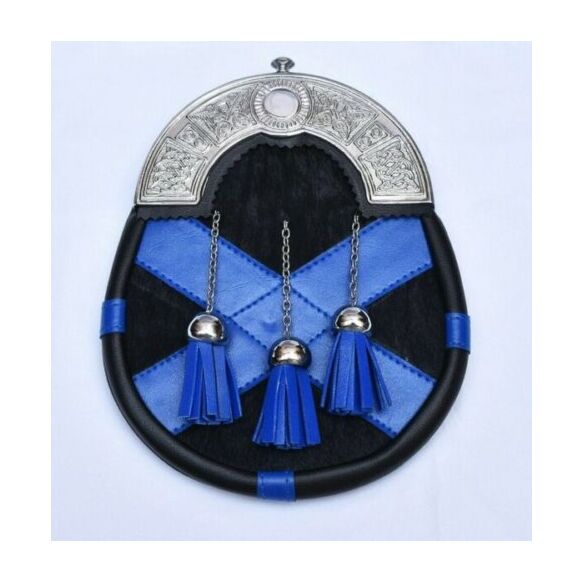 New Scottish Flag Leather Sporran Blue and Black With Silver Chrome Celtic Cantle