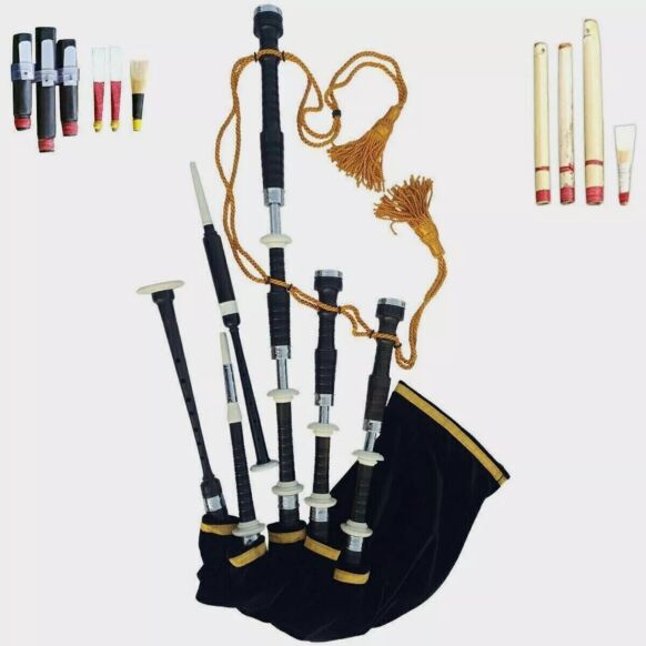Scottish Highland Traditional Black Finish With White Mounts Bagpipe Set 