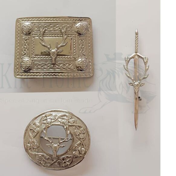 Stag Head Silver Belt Buckle Brooch Set