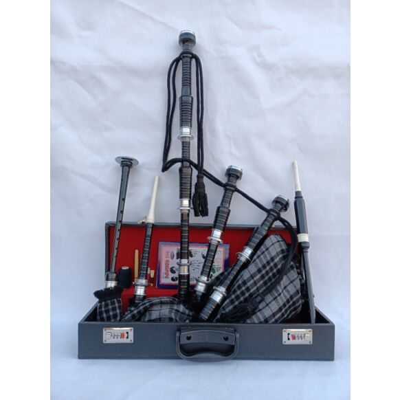 Grey Watch Tartan Black Finish Bagpipe Set
