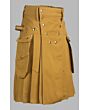 khaki modern utility kilt with silver buttons
